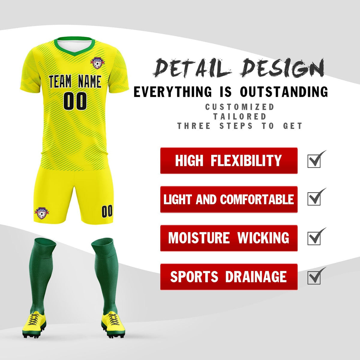 Custom Gold Kelly Green Training Uniform For Men Football Sets Jersey