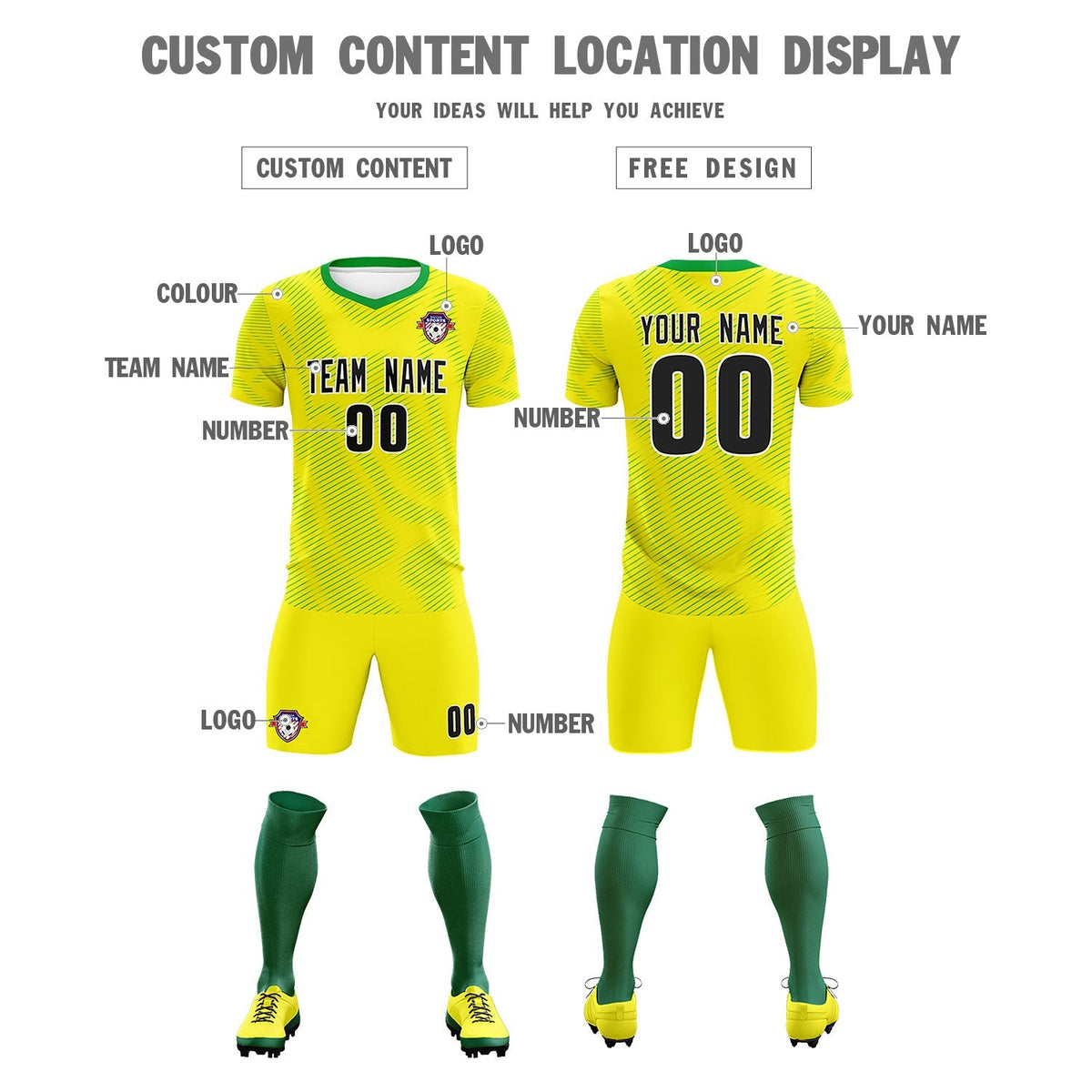 Custom Gold Kelly Green Training Uniform For Men Football Sets Jersey
