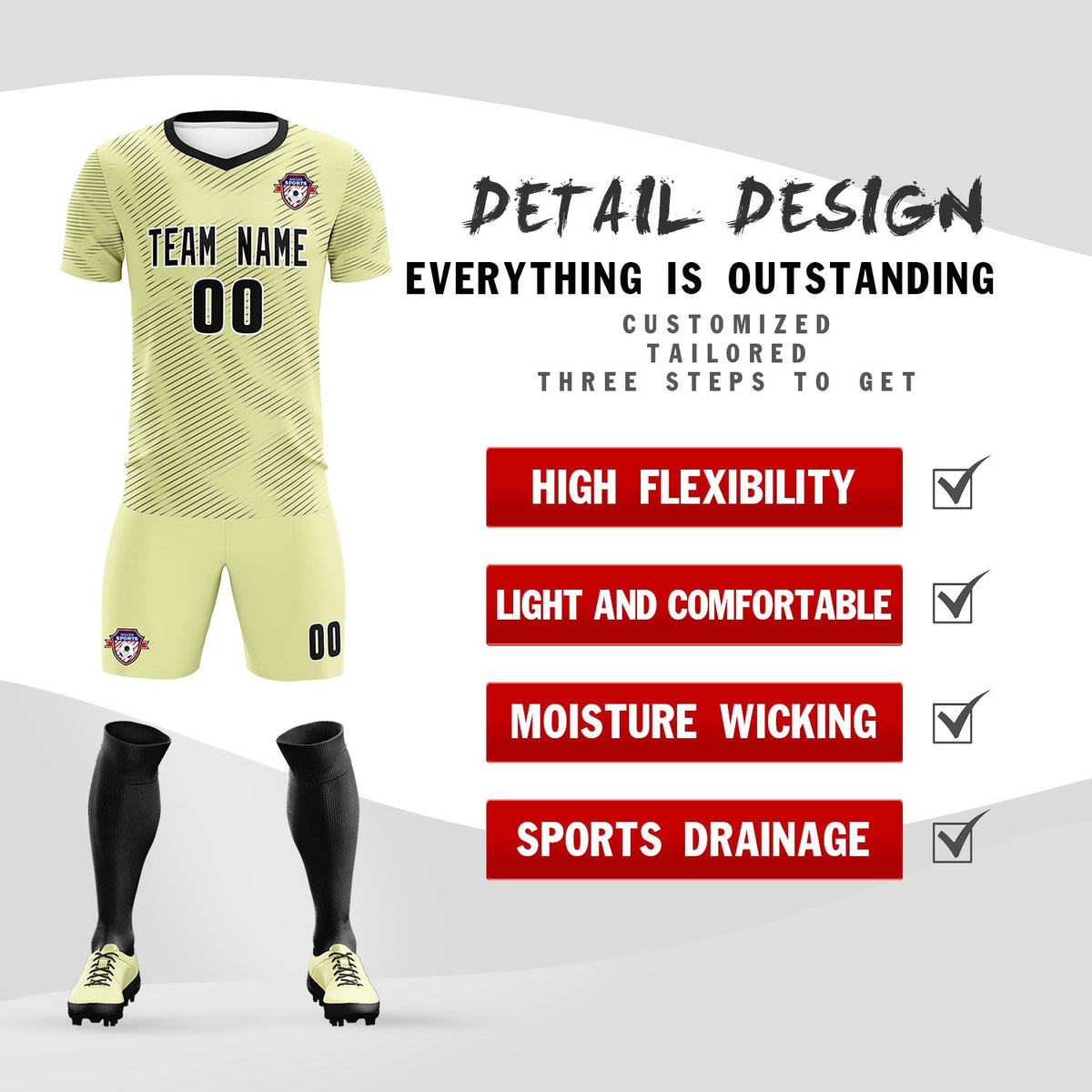 Custom Cream Black Training Uniform For Men Football Sets Jersey