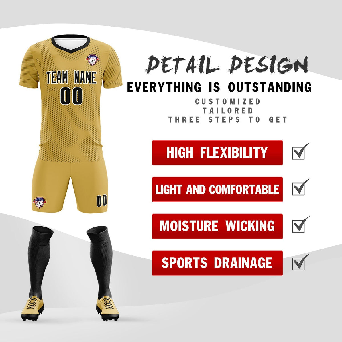 Custom Old Gold Black Training Uniform For Men Football Sets Jersey