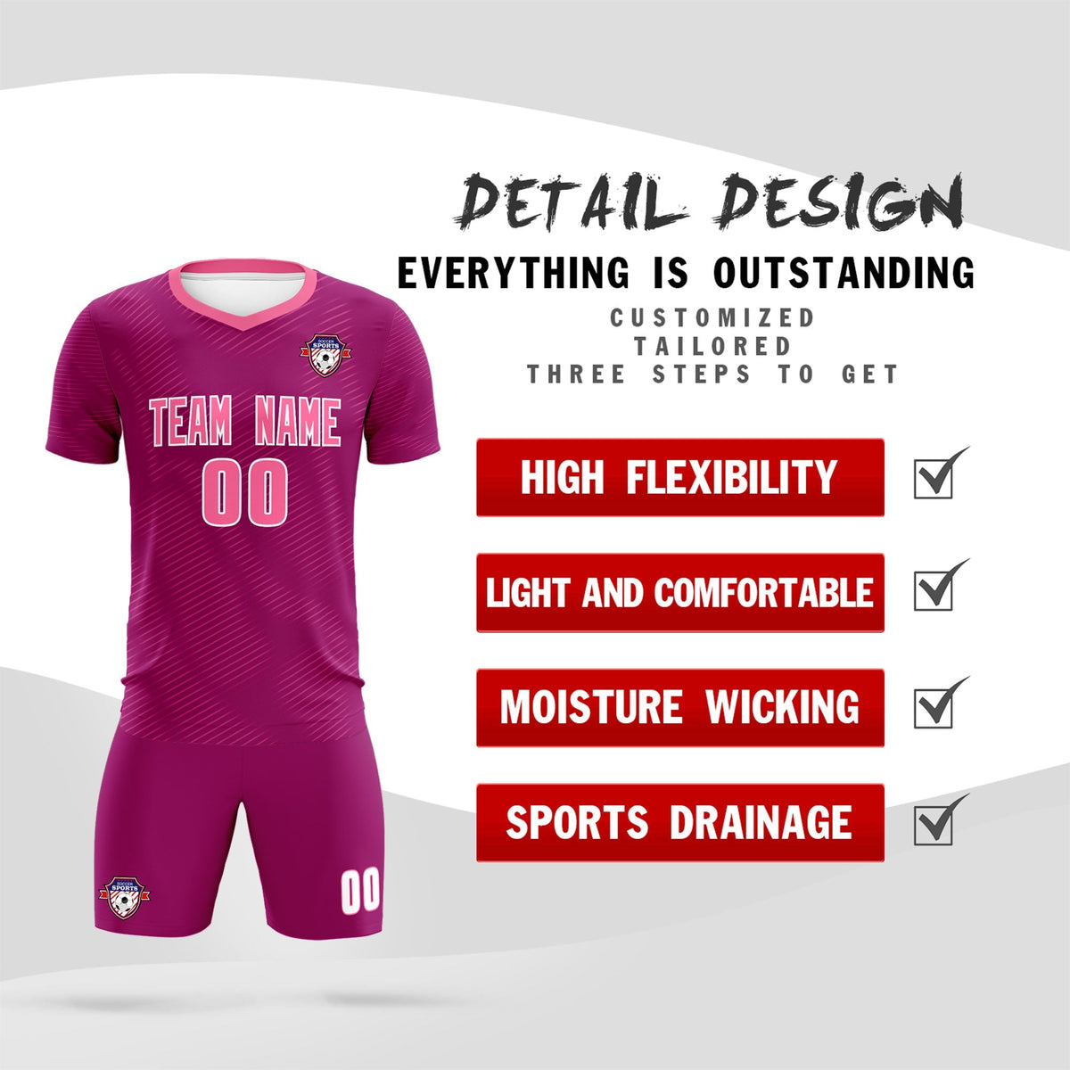 Custom Rose Red Pink Training Uniform For Men Football Sets Jersey