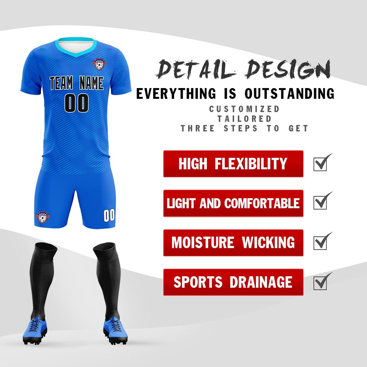 Custom Royal Powder Blue Training Uniform For Men Football Sets Jersey