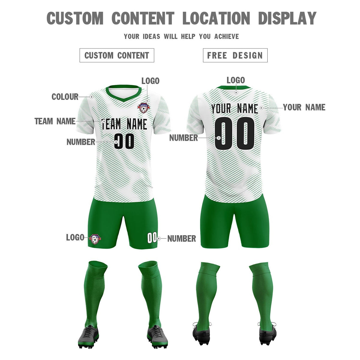 Custom White Kelly Green Training Uniform For Men Football Sets Jersey