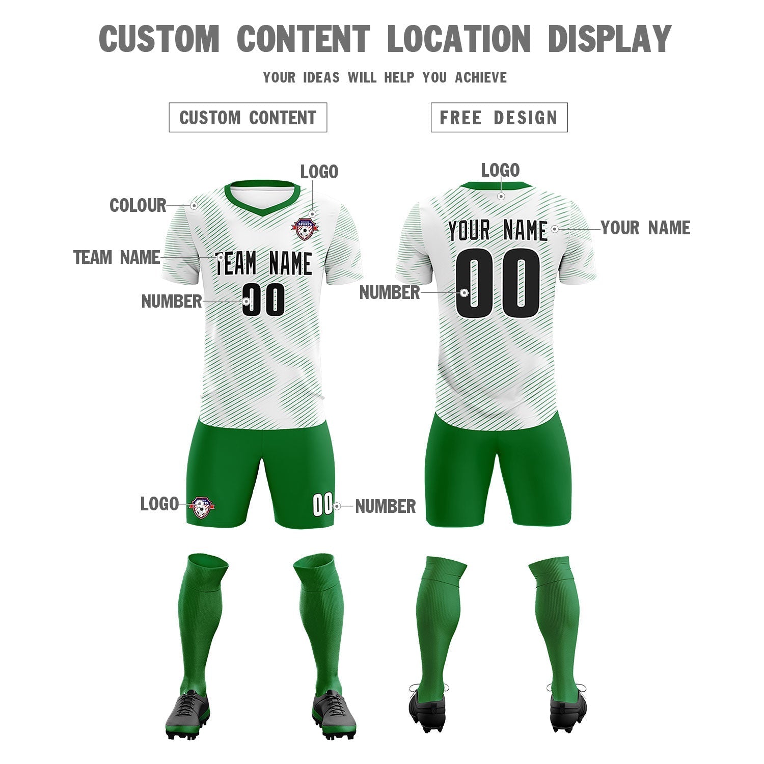 Custom White Kelly Green Training Uniform For Men Football Sets Jersey
