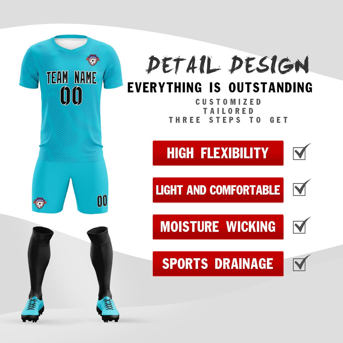 Custom Sky Blue Royal Training Uniform For Men Football Sets Jersey