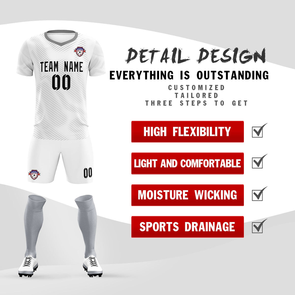Custom White Gray Training Uniform For Men Football Sets Jersey