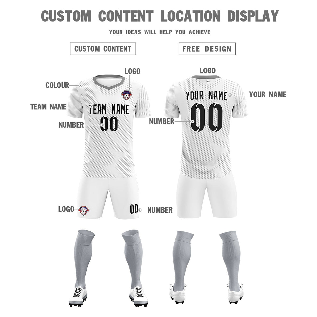 Custom White Gray Training Uniform For Men Football Sets Jersey