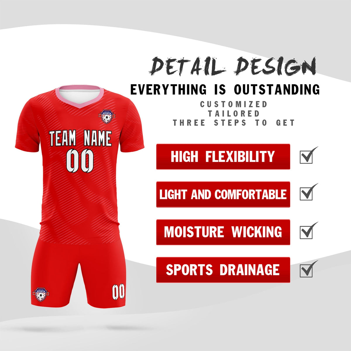Custom Red Light Pink Training Uniform For Men Football Sets Jersey
