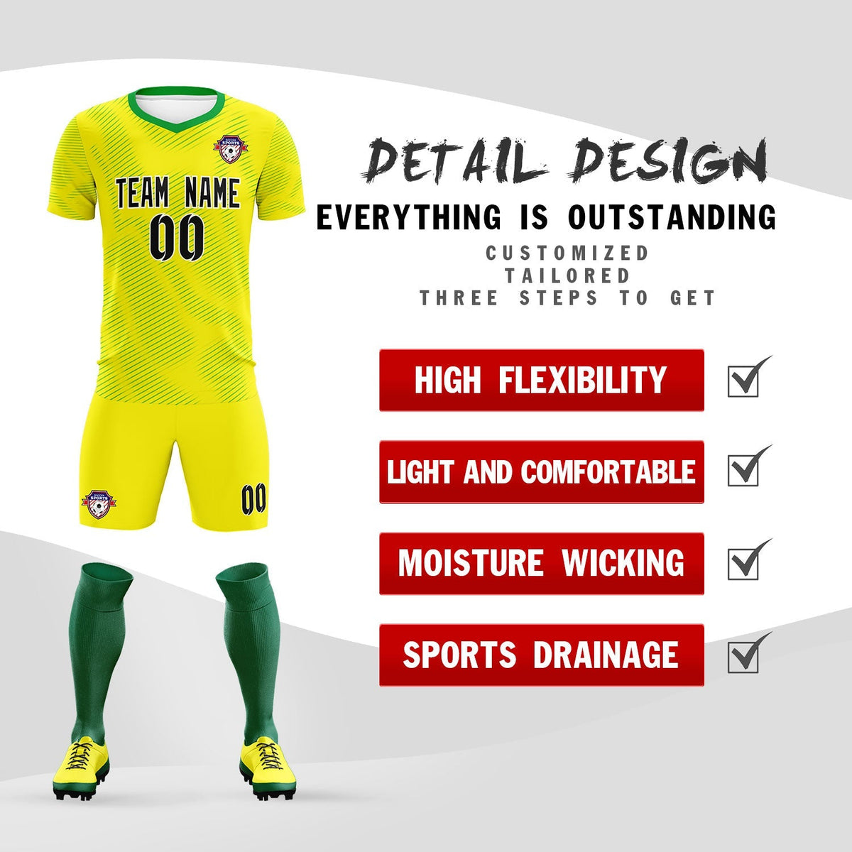 Custom Gold Kelly Green Training Uniform For Men Football Sets Jersey