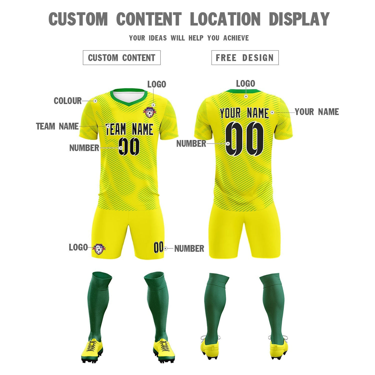 Custom Gold Kelly Green Training Uniform For Men Football Sets Jersey