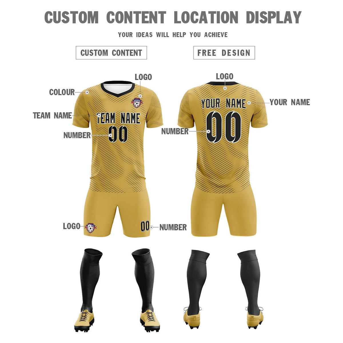 Custom Old Gold Black Training Uniform For Men Football Sets Jersey