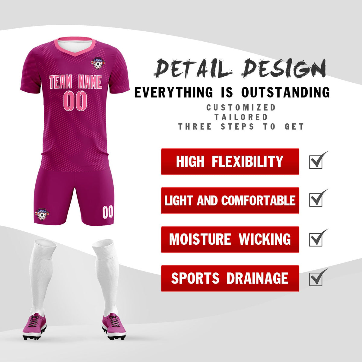 Custom Rose Red Pink Training Uniform For Men Football Sets Jersey