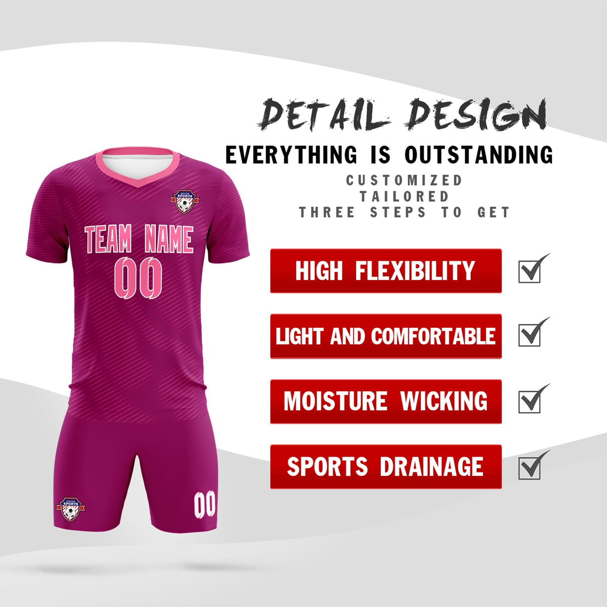 Custom Rose Red Pink Training Uniform For Men Football Sets Jersey