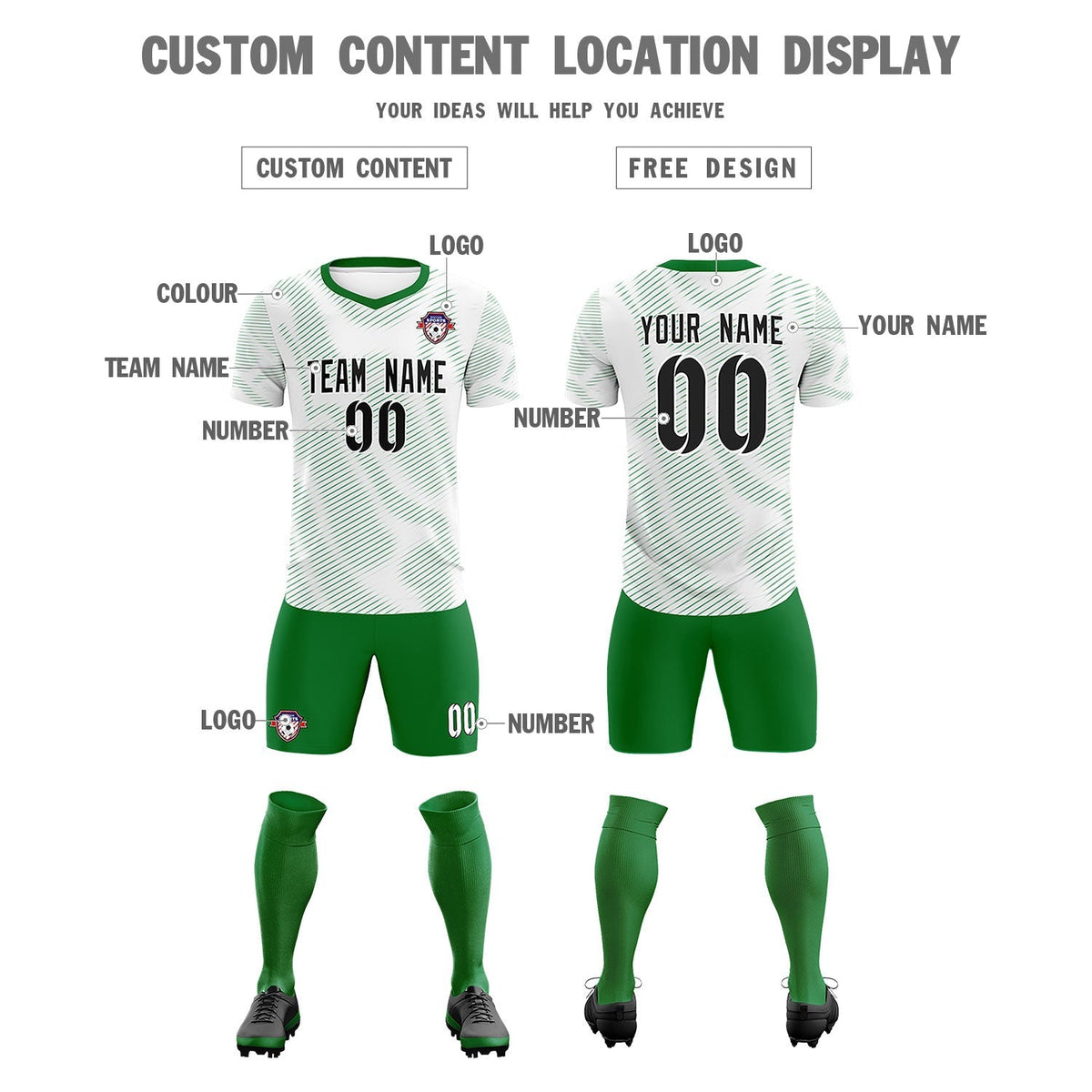 Custom White Kelly Green Training Uniform For Men Football Sets Jersey