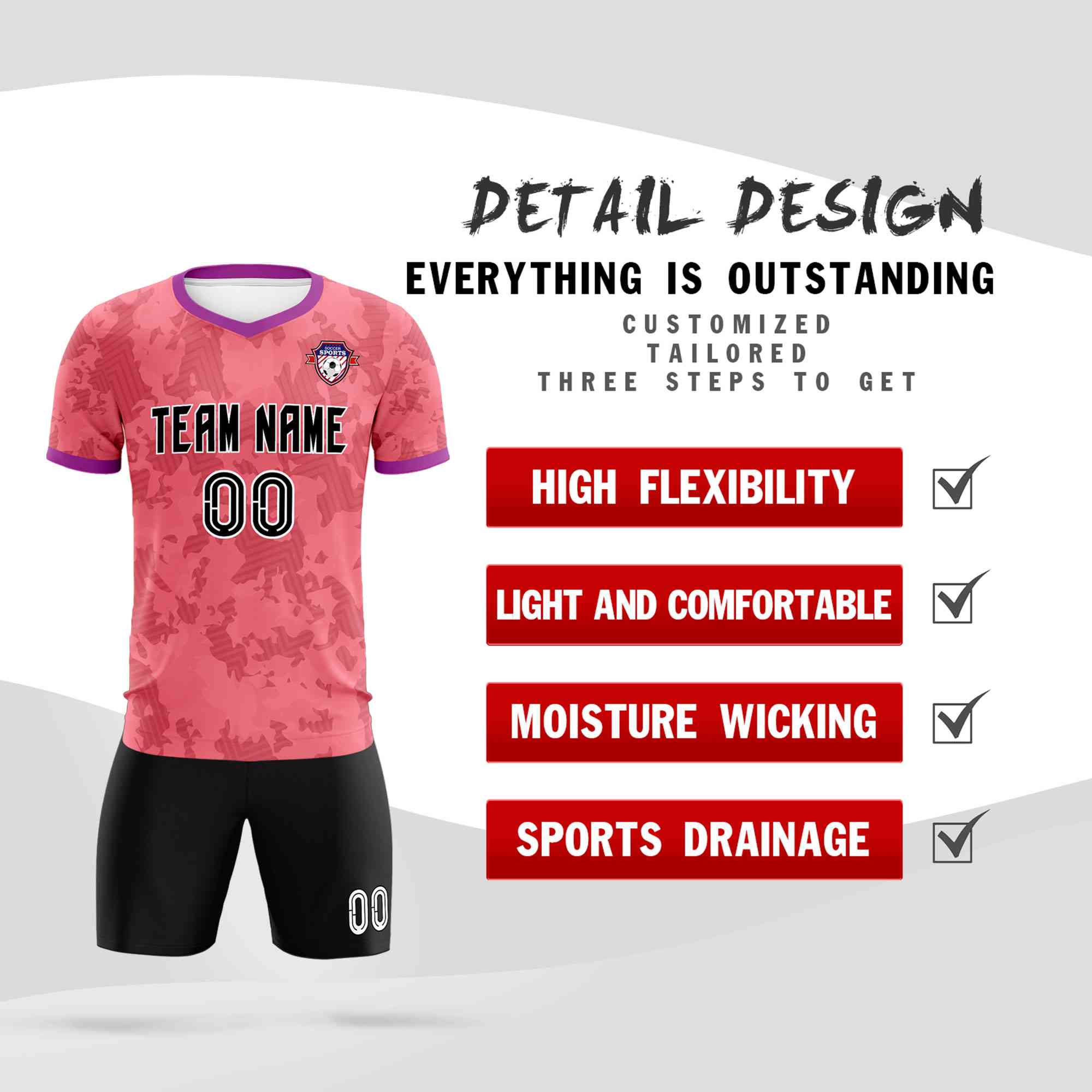 Custom Light Red Camo sports Football Kit Jersey