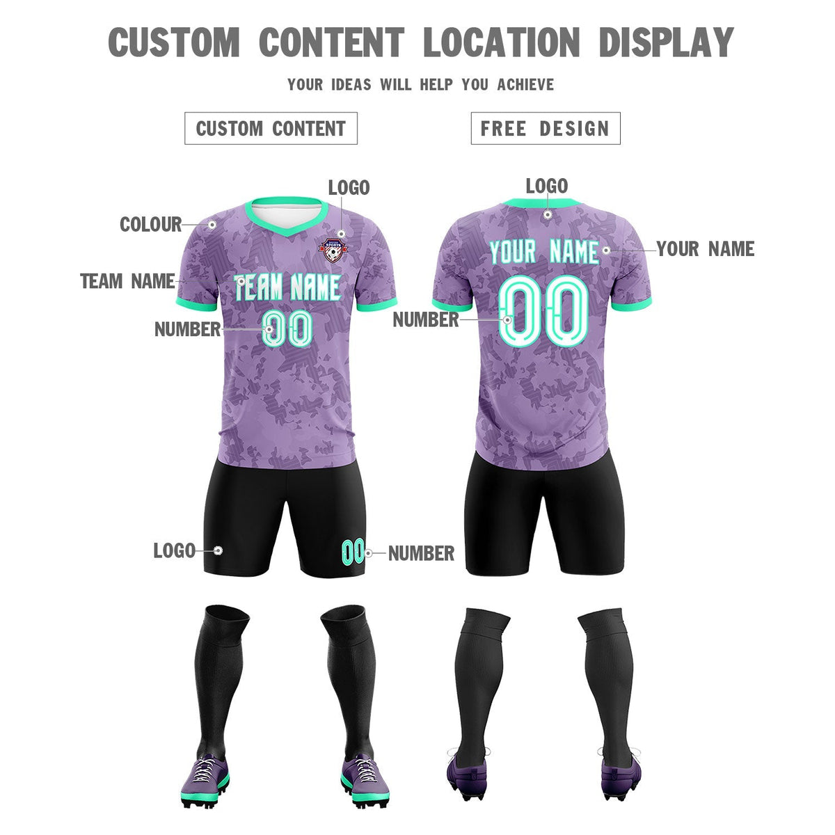 Custom Light Purple Camo sports Football Kit Jersey