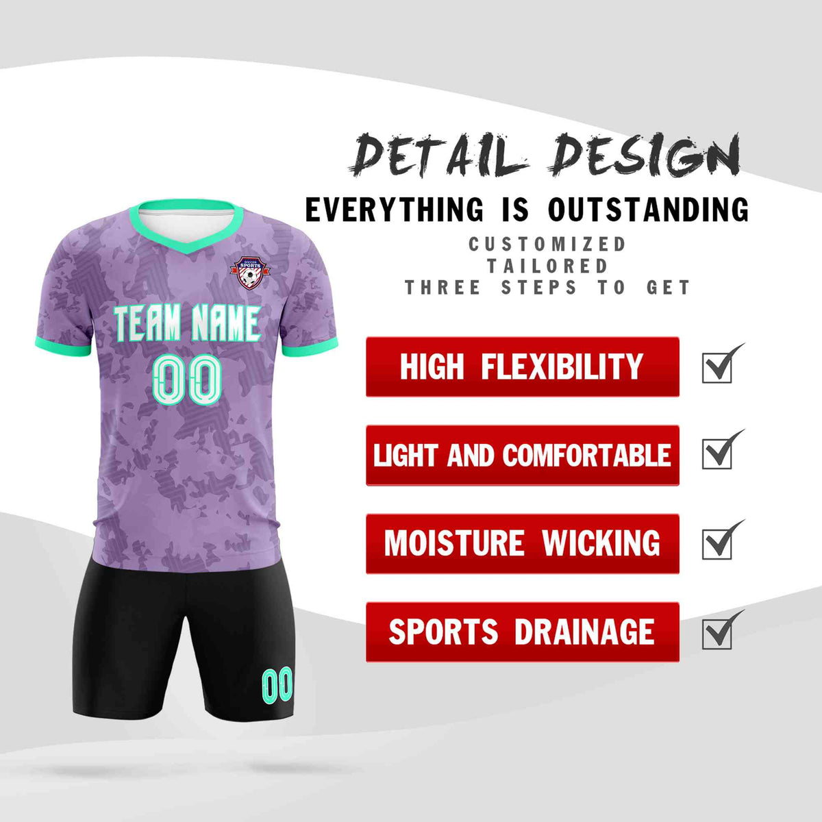 Custom Light Purple Camo sports Football Kit Jersey