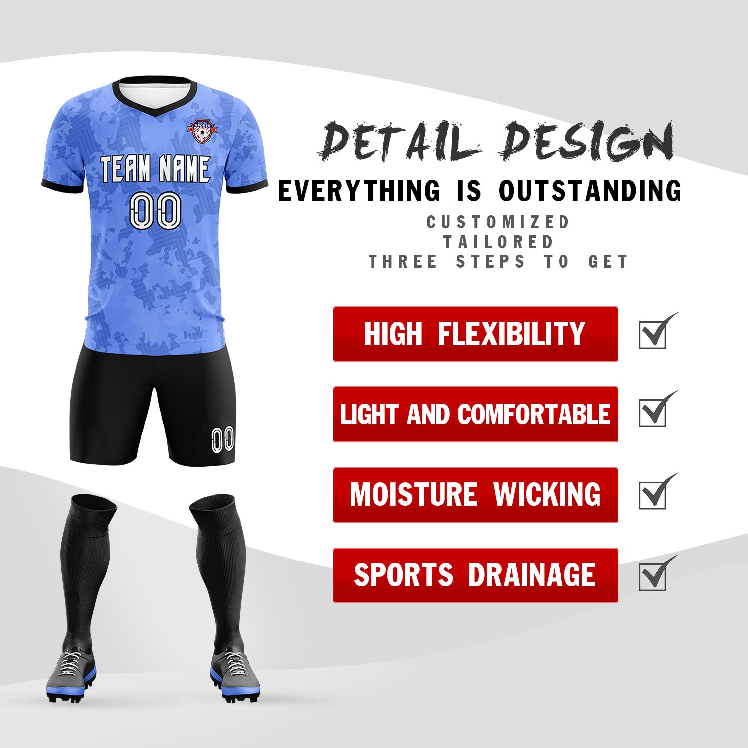 Custom Light Blue Camo sports Football Kit Jersey