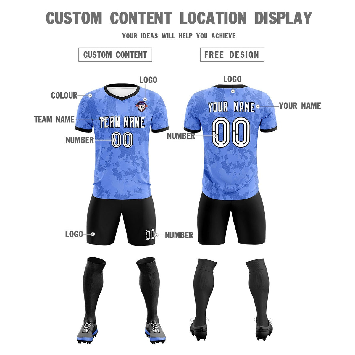 Custom Light Blue Camo sports Football Kit Jersey