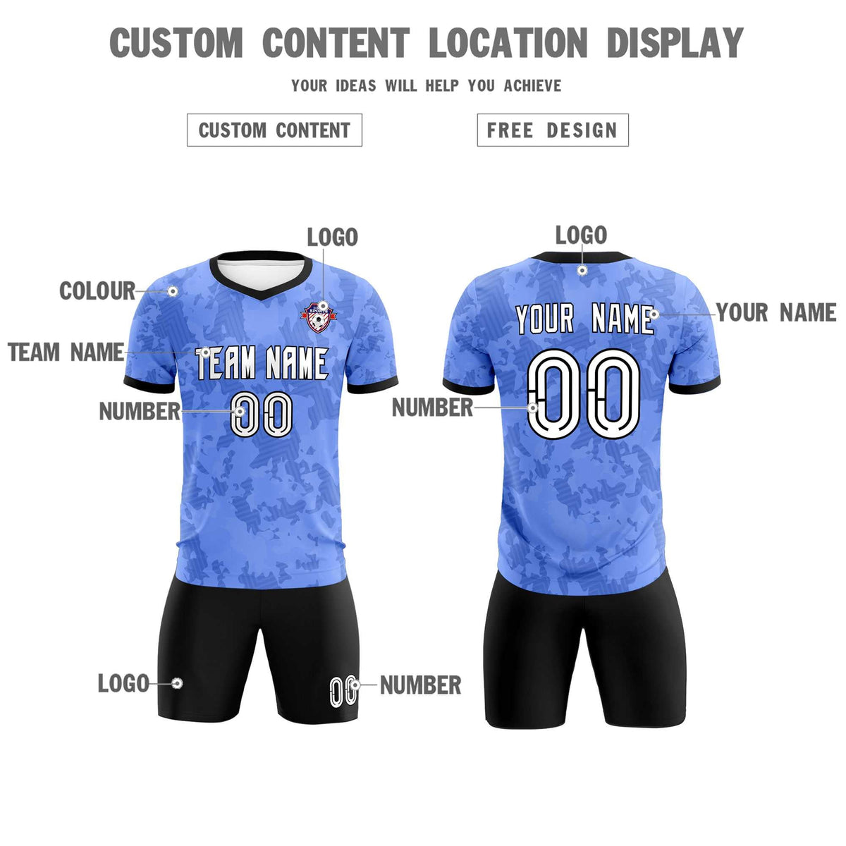 Custom Light Blue Camo sports Football Kit Jersey