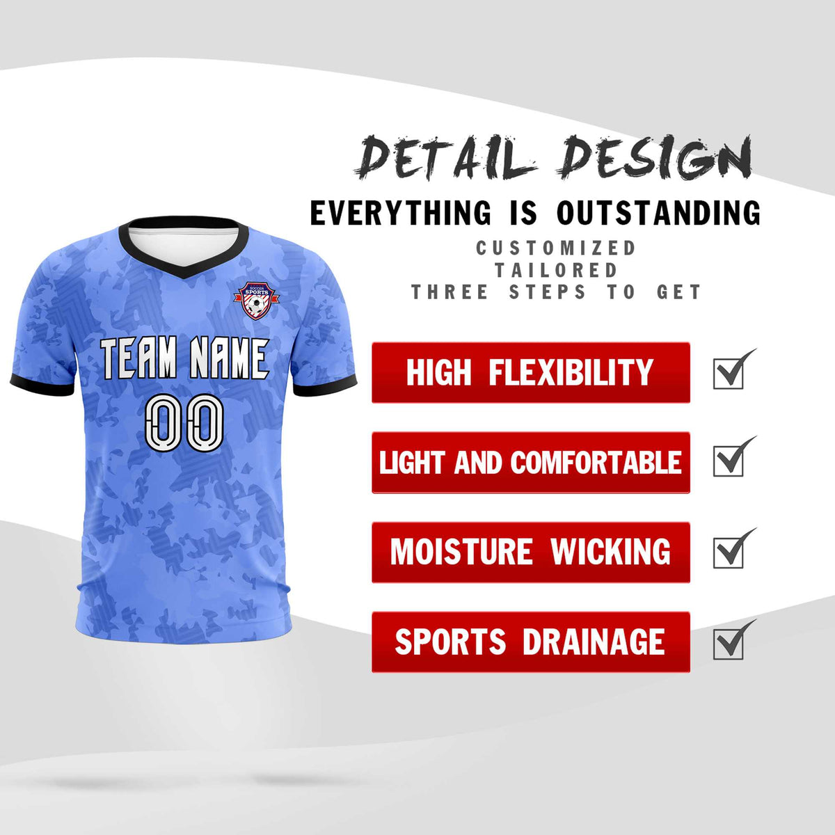 Custom Light Blue Camo sports Football Kit Jersey