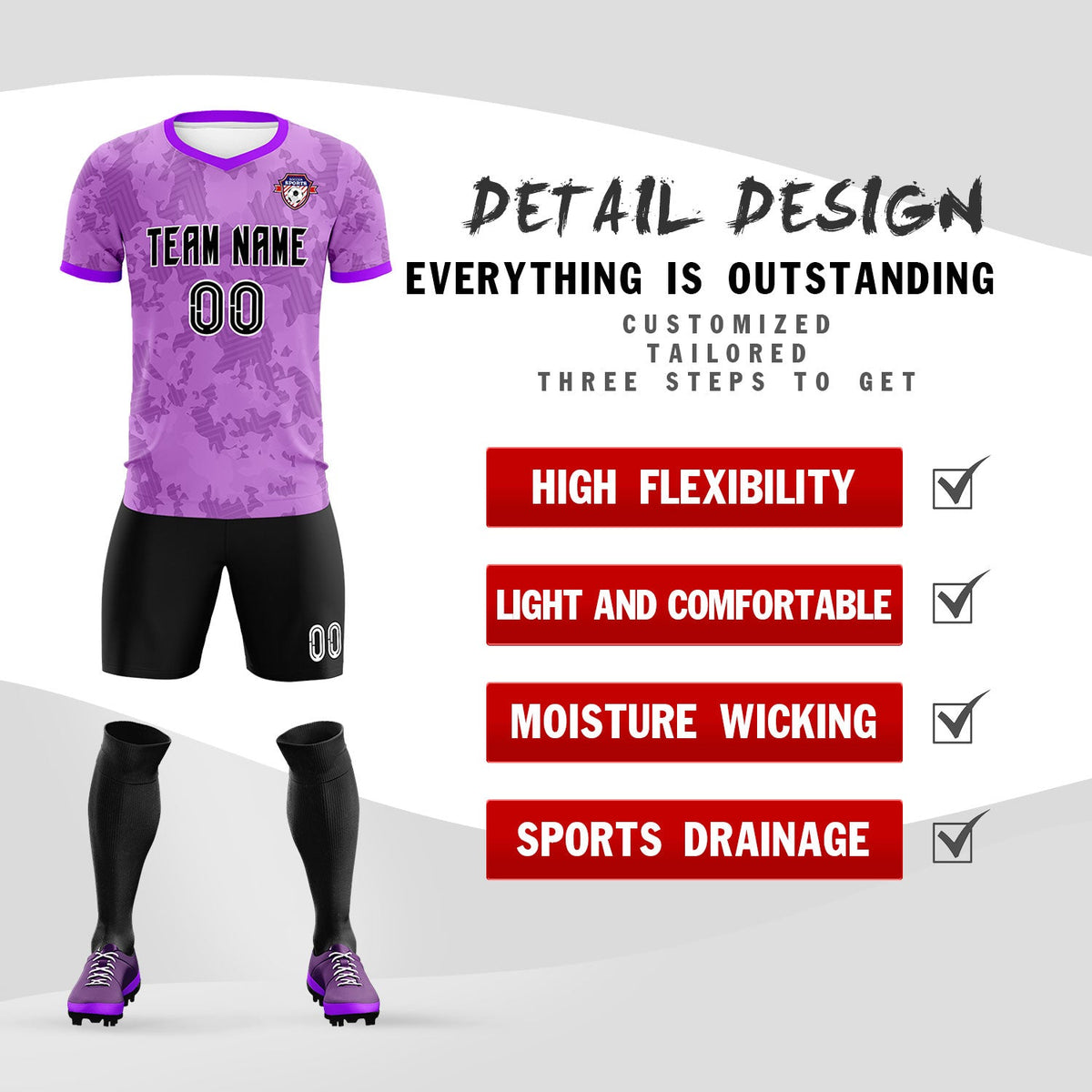 Custom Light Purple Camo sports Football Kit Jersey