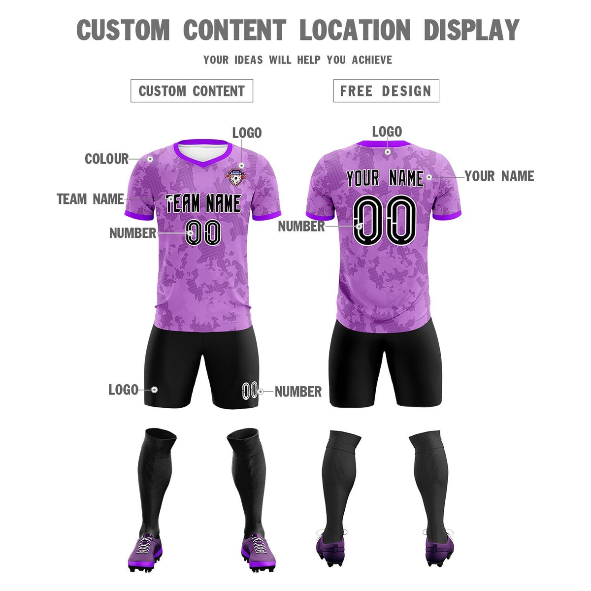 Custom Light Purple Camo sports Football Kit Jersey