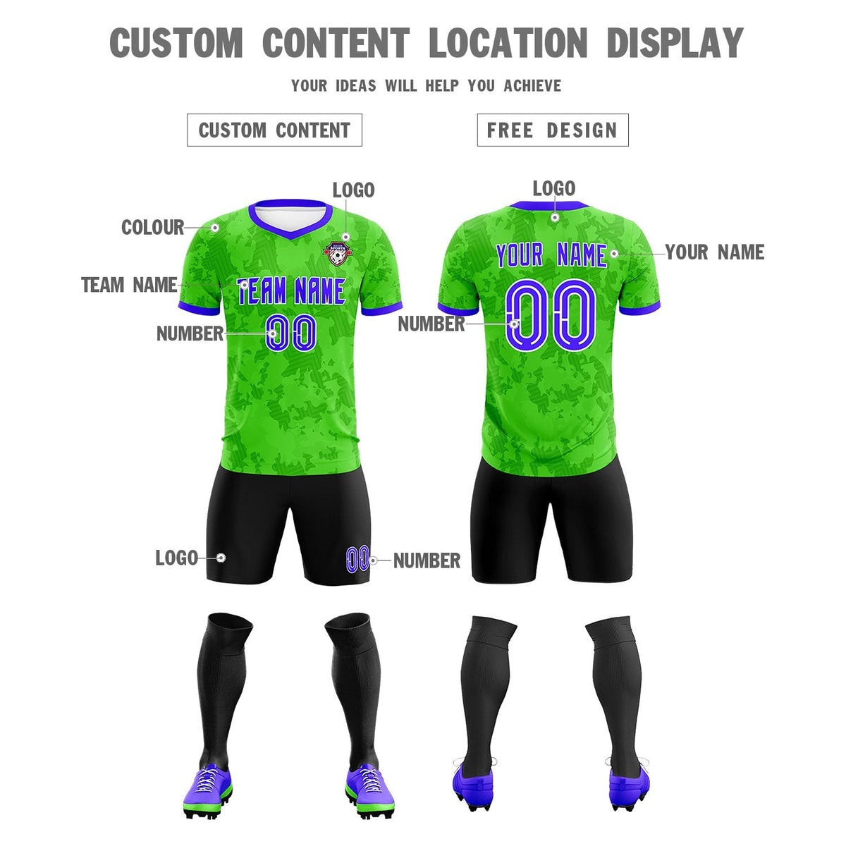 Custom Neon Green Camo sports Football Kit Jersey