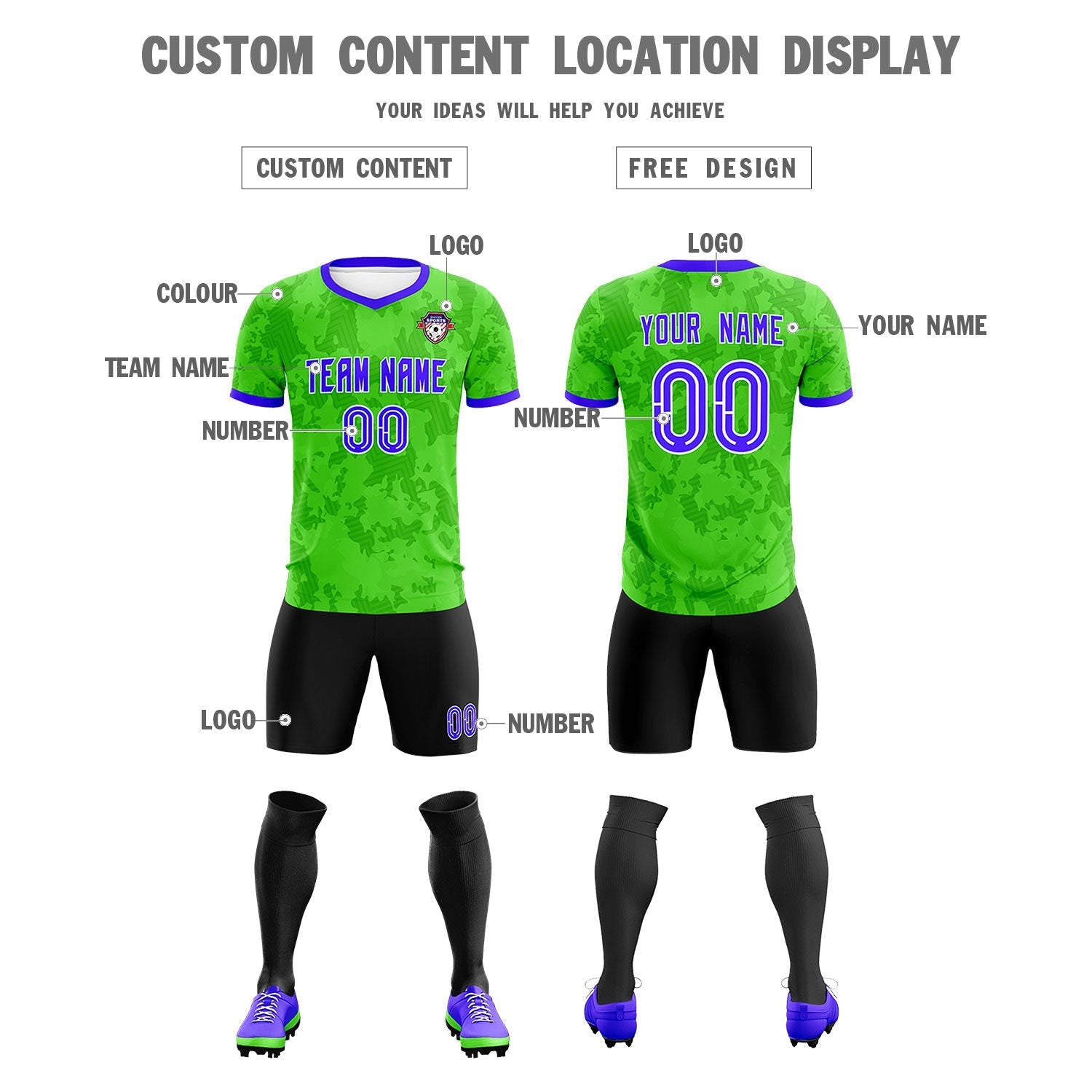 Custom Neon Green Camo sports Football Kit Jersey