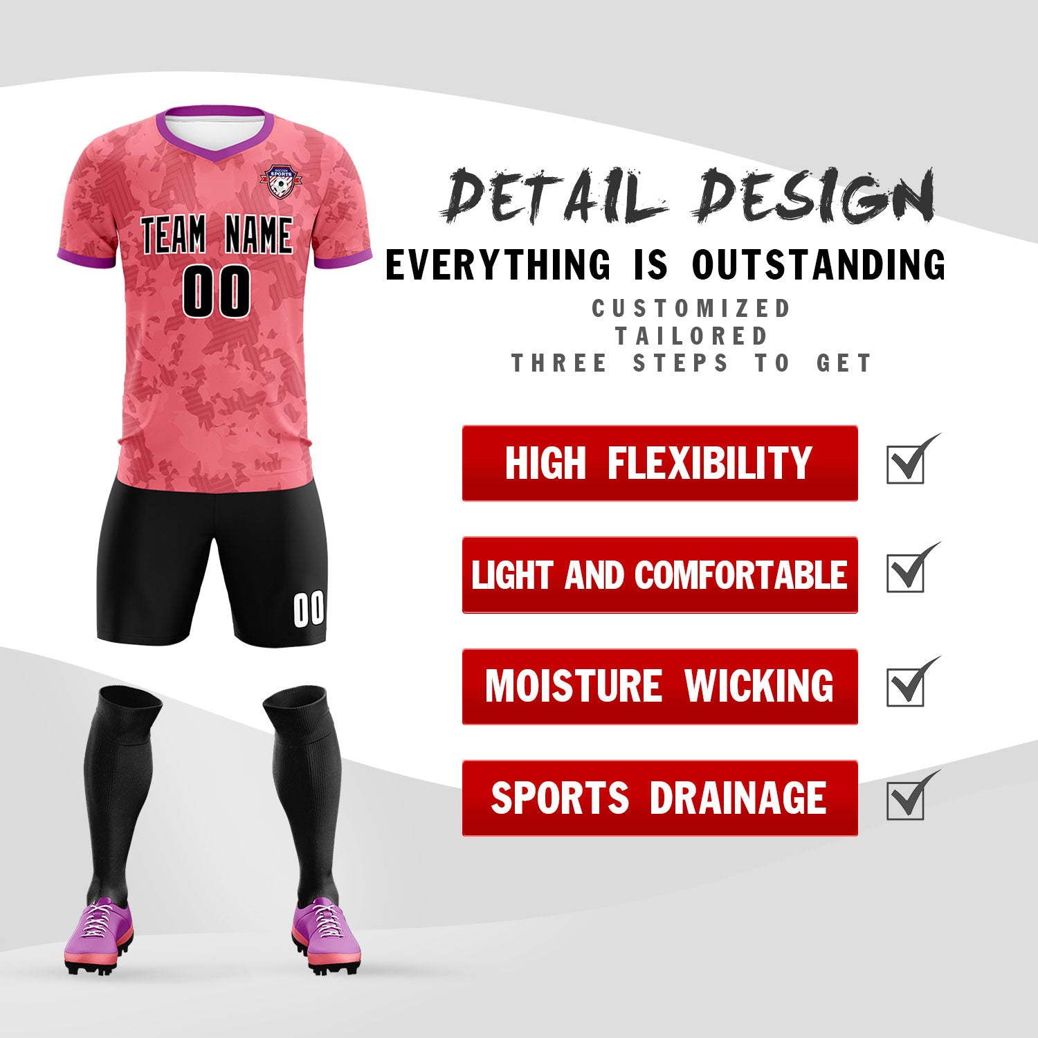 Custom Light Red Camo sports Football Kit Jersey
