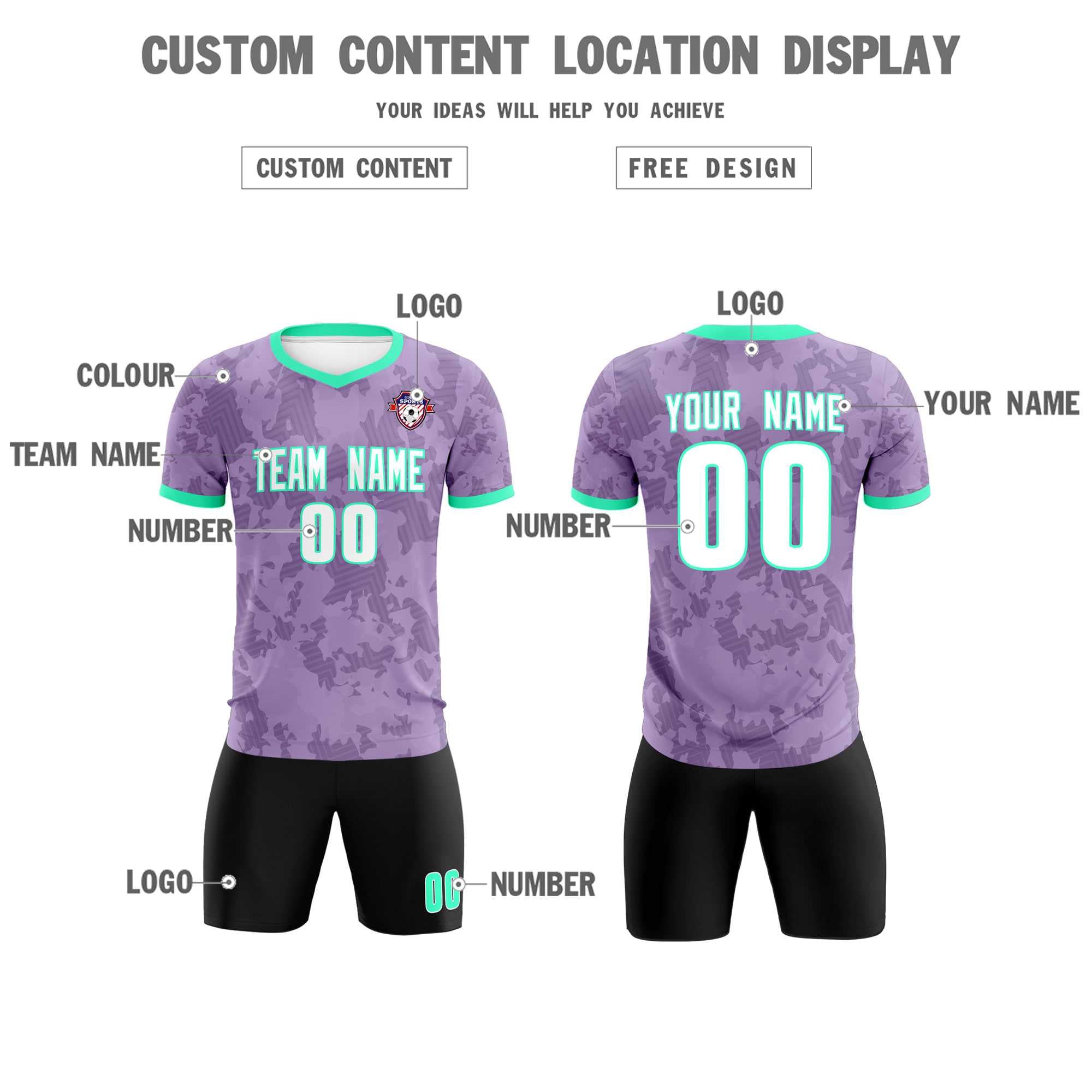 Custom Light Purple Camo sports Football Kit Jersey