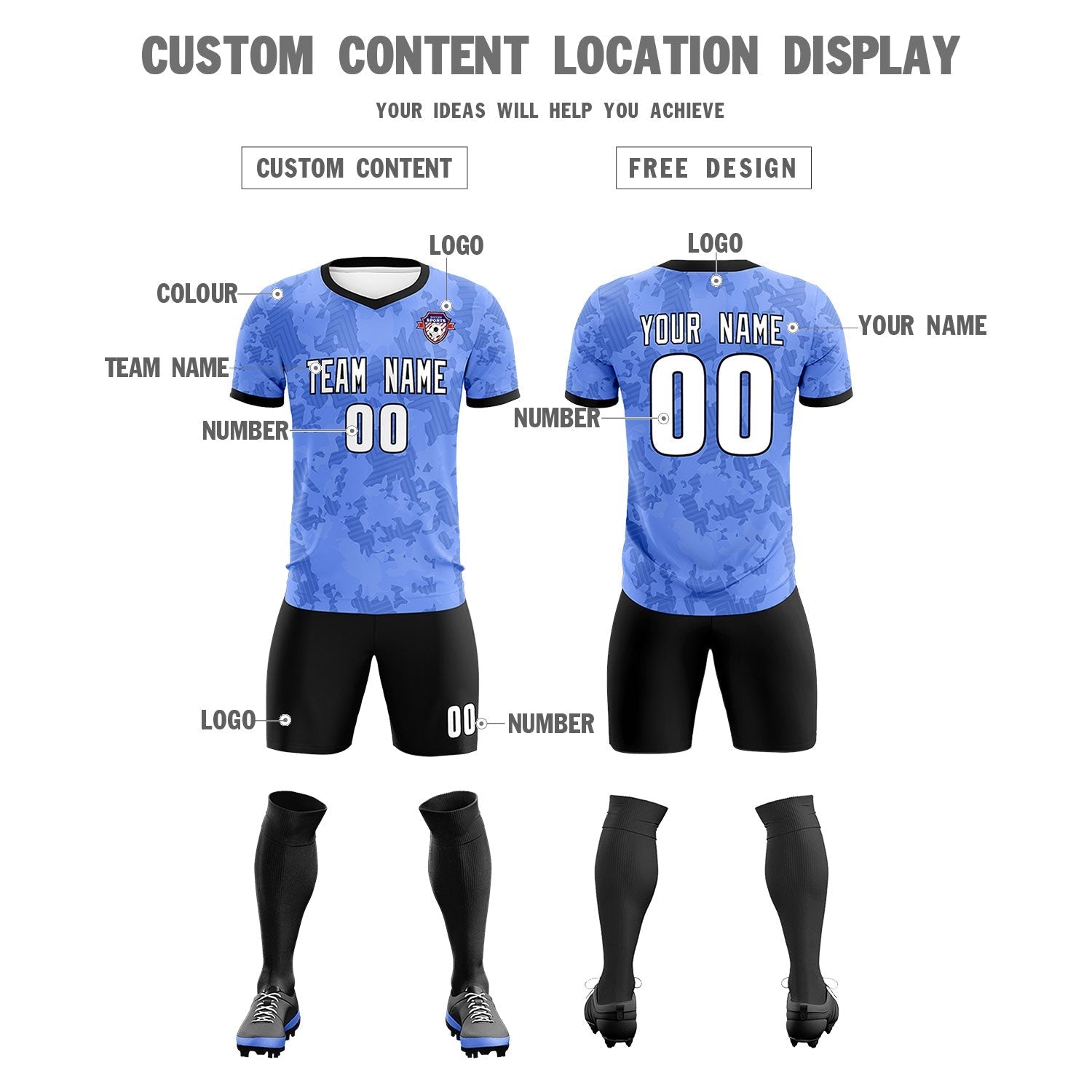 Custom Light Blue Camo sports Football Kit Jersey