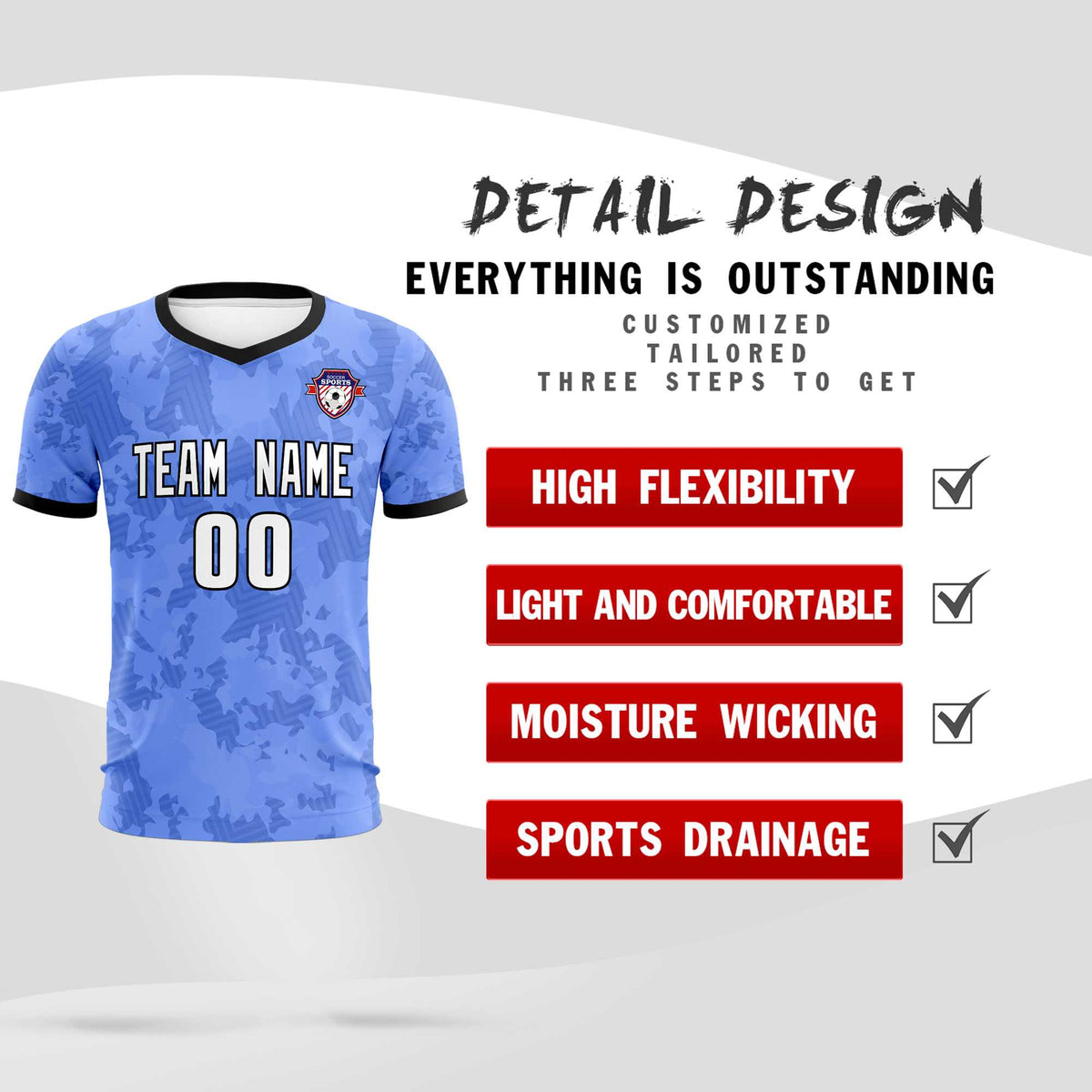 Custom Light Blue Camo sports Football Kit Jersey