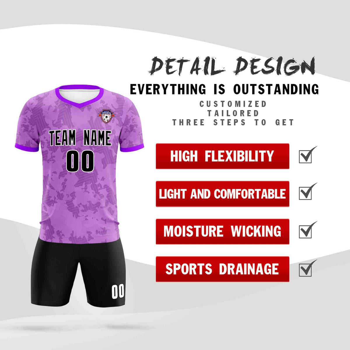 Custom Light Purple Camo sports Football Kit Jersey