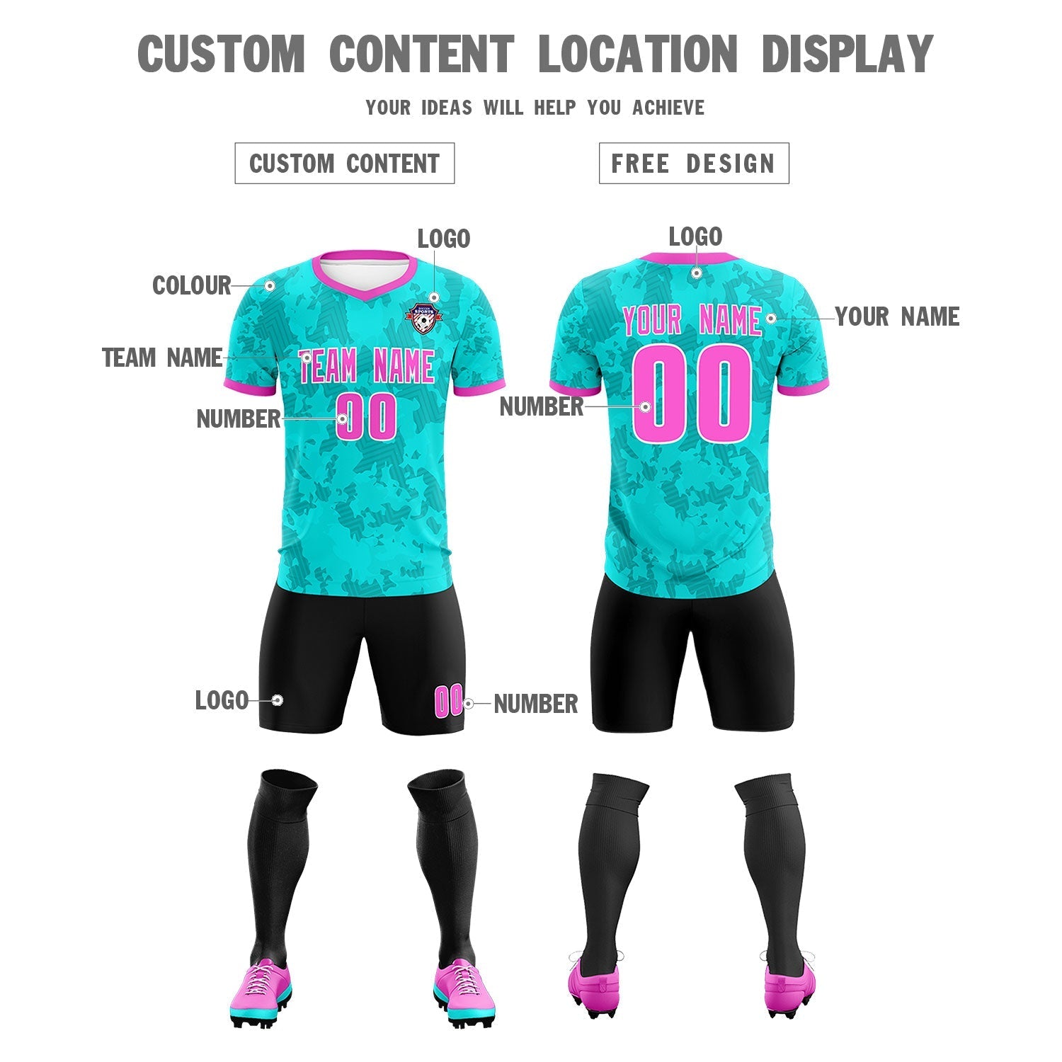 Custom Aqua Camo sports Football Kit Jersey