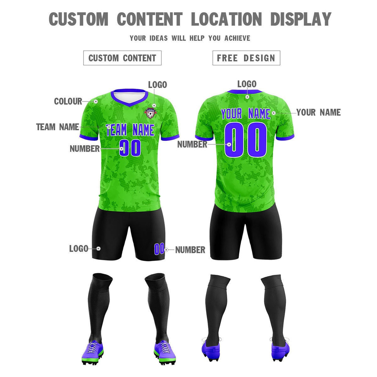 Custom Neon Green Camo sports Football Kit Jersey