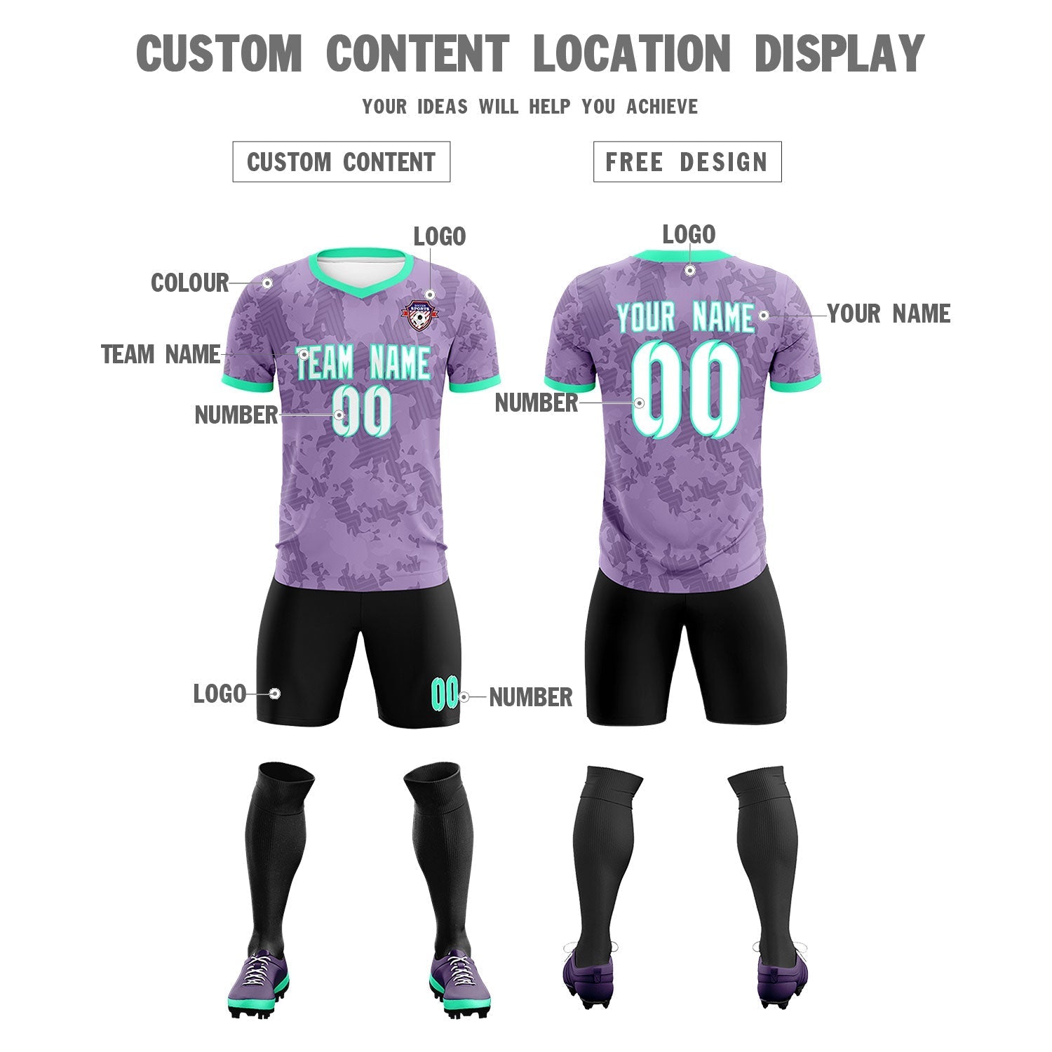 Custom Light Purple Camo sports Football Kit Jersey