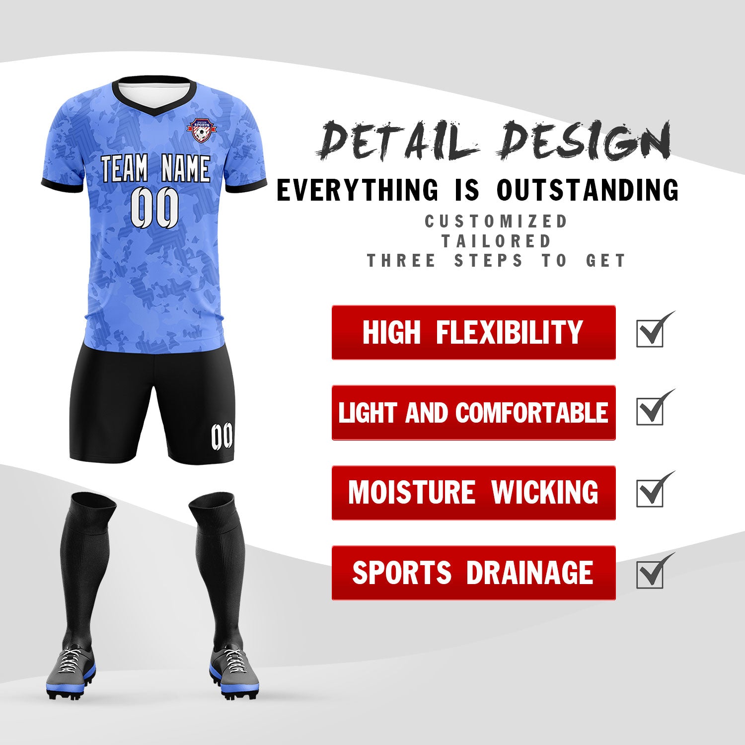 Custom Light Blue Camo sports Football Kit Jersey