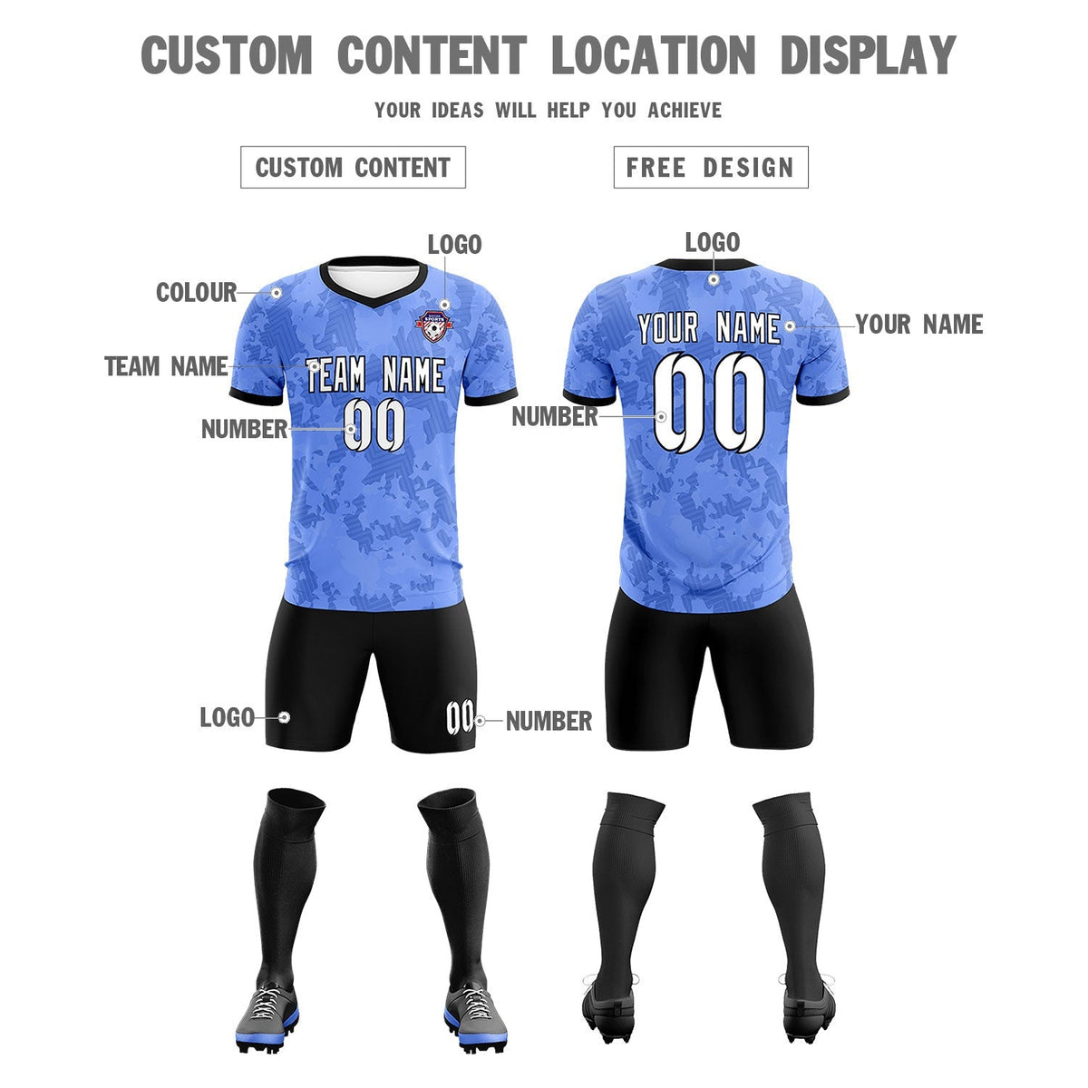 Custom Light Blue Camo sports Football Kit Jersey