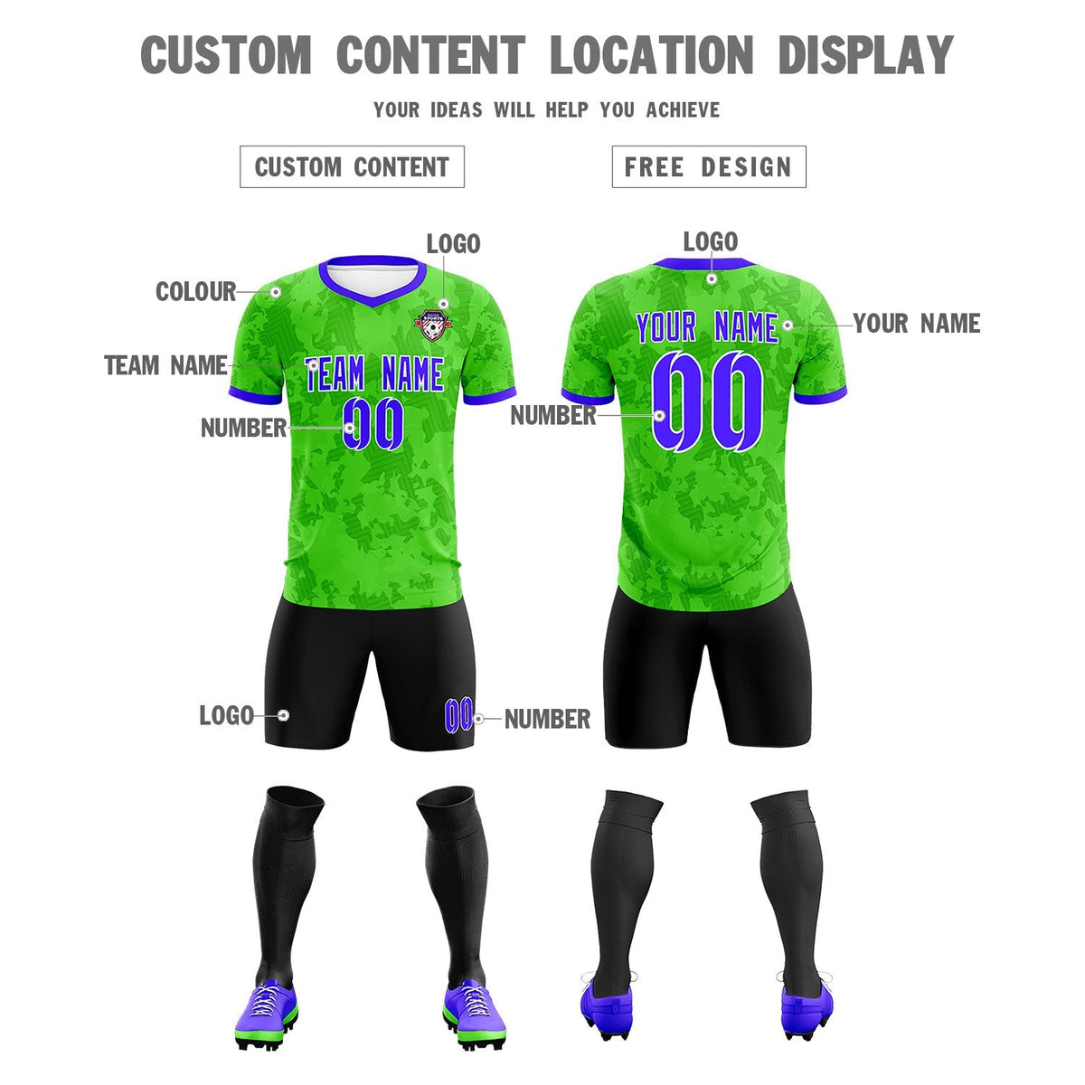 Custom Neon Green Camo sports Football Kit Jersey