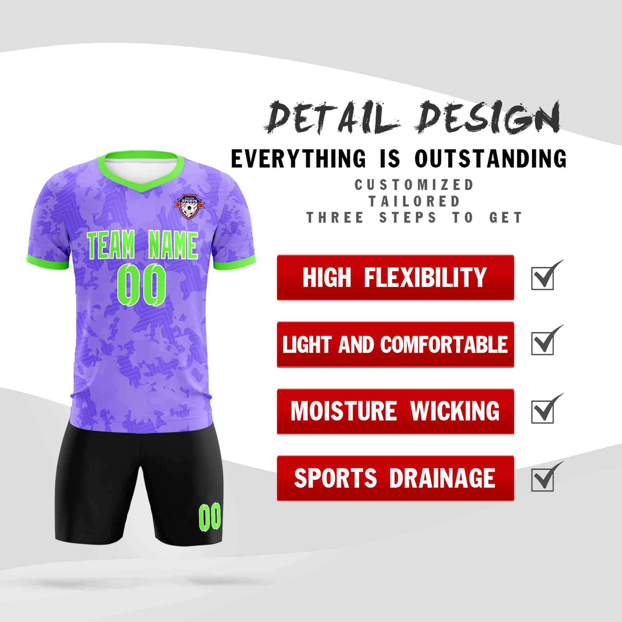 Custom Light Purple Camo sports Football Kit Jersey