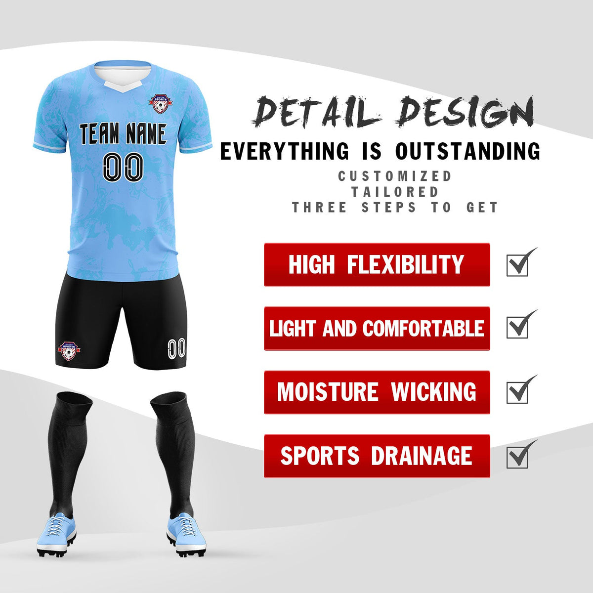 Custom Light Blue Classic Graffiti Pattern Sportswear Football Kit Jersey