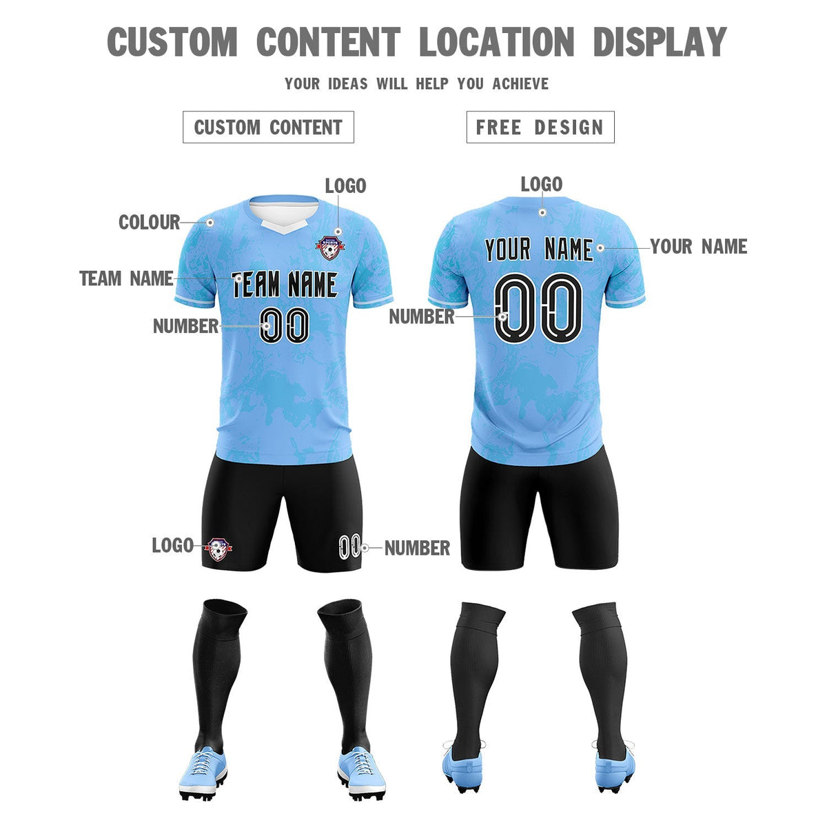 Custom Light Blue Classic Graffiti Pattern Sportswear Football Kit Jersey