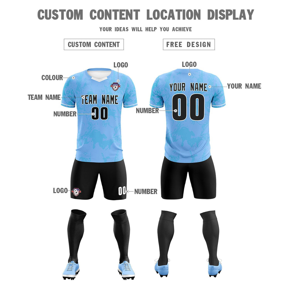 Custom Light Blue Classic Graffiti Pattern Sportswear Football Kit Jersey
