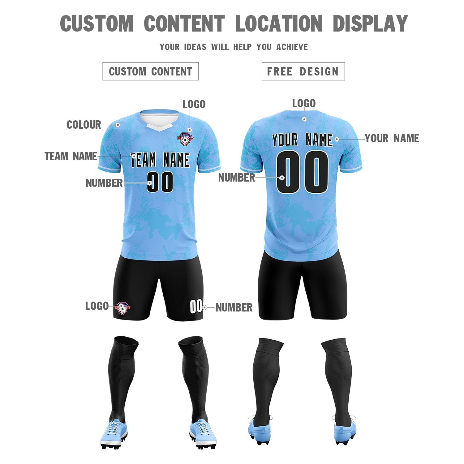 Custom Light Blue Classic Graffiti Pattern Sportswear Football Kit Jersey