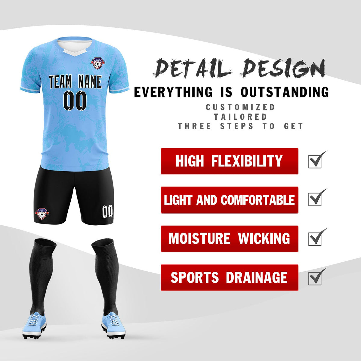 Custom Light Blue Classic Graffiti Pattern Sportswear Football Kit Jersey