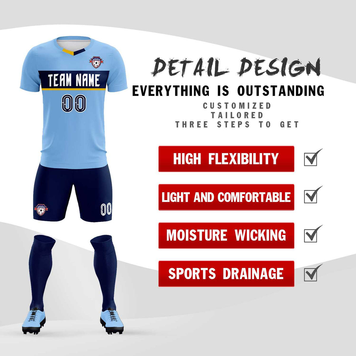 Custom Light Blue Classic Sports kit Football Shirt Jersey