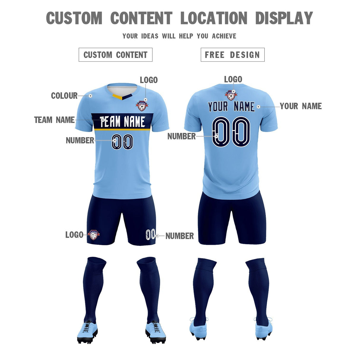 Custom Light Blue Classic Sports kit Football Shirt Jersey