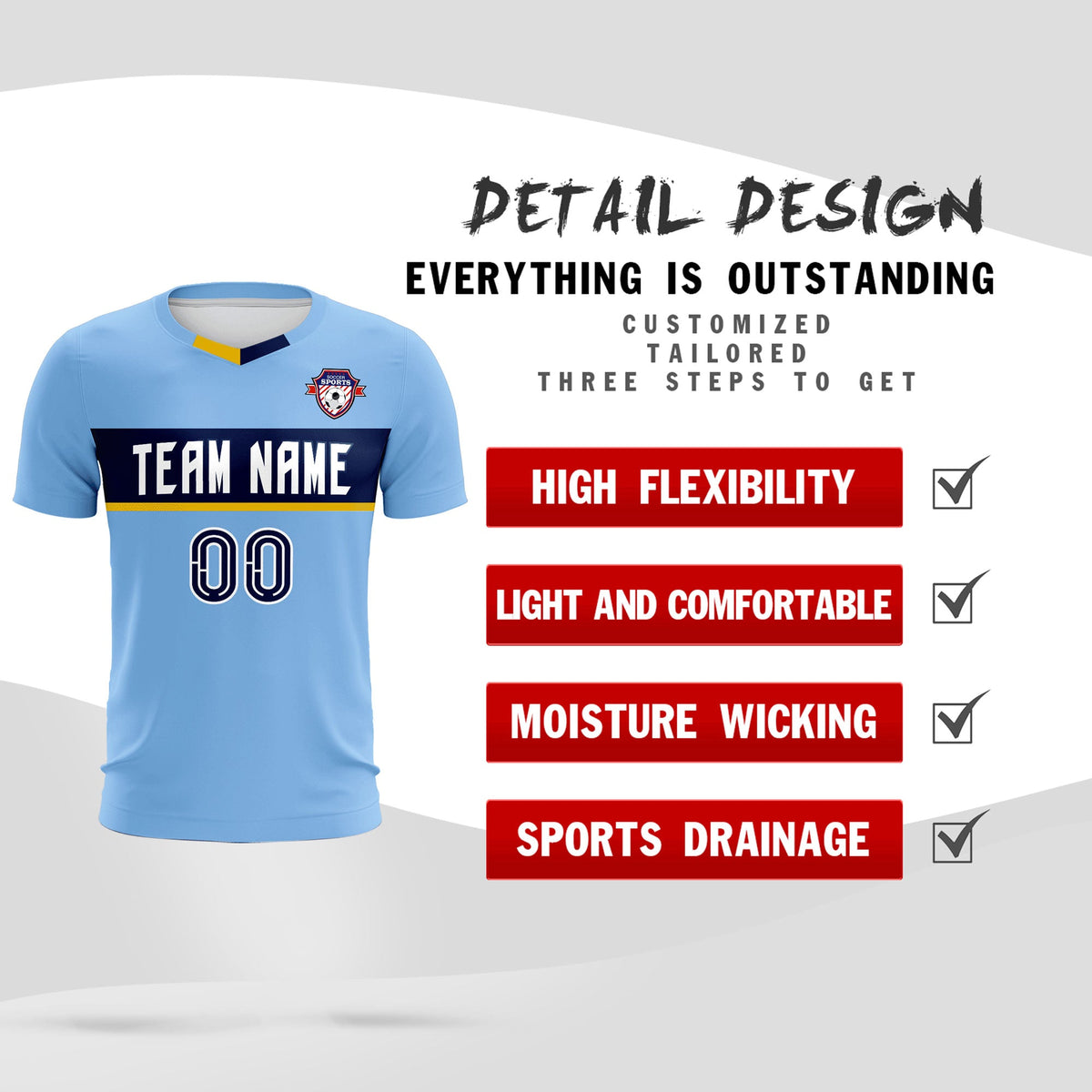 Custom Light Blue Classic Sports kit Football Shirt Jersey