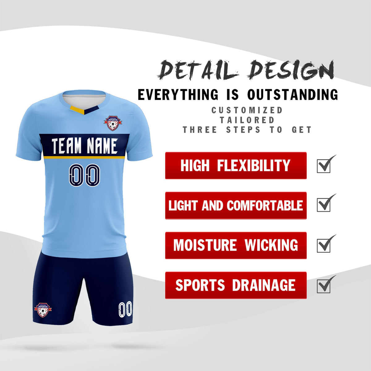 Custom Light Blue Classic Sports kit Football Shirt Jersey